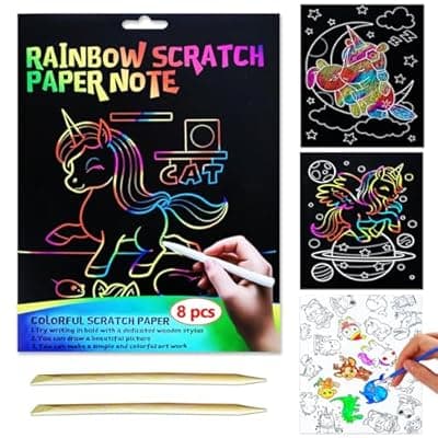 JUNQIU Scratch Art for Kids, Rainbow Scratch Paper Art Set - Unicorn, Arts and Crafts for Girls Boys Ages 4-8, Kid Activity & Christmas Crafts, Stocking Stuffers for Kids