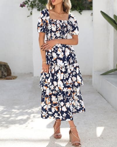 BTFBM Womens Square Neck Smocked Dress Summer Puff Short Sleeve Floral Casual Ruffle Tiered Maxi Wedding Guest Dresses view 4