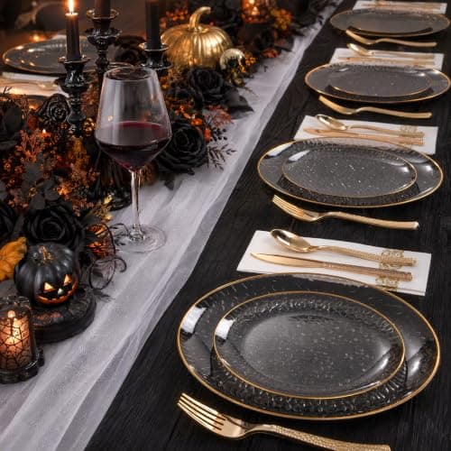 Hioasis 60 Pcs Black Plastic Plates for Party & Wedding | Gold Rimmed Hammered Dinnerware Set. Includes 10.25" Dinner & 7.5" Dessert Plates for 30 Guests. view 3