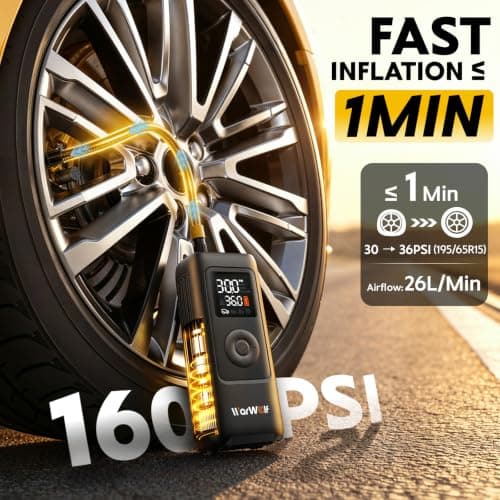 Smart Heavy Duty Tire Inflator, Auto Shut-Off at Target PSI, Portable Air Compressor, 160PSI Fast Air Pump Cordless Rechargeable & 12V DC Power, Pressure Gauge for Cars, Bikes, Motorcycles and Balls view 5