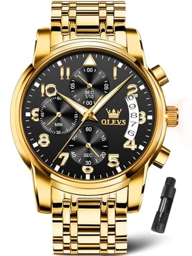 Gold And Black Mens Watch with Date Large Chronograph Luxury Stainless Steel Men Watches Multifunction Fashion Watch for Men Arabic Numeral Waterproof Business Easy Read Analog Men's Wrist Watch Diver