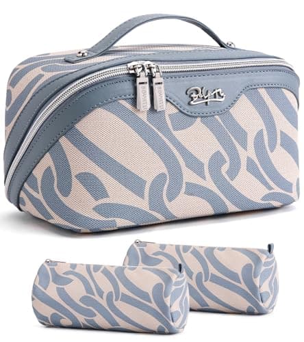 BOYATU Travel Makeup Bag for Women: Large Capacity 3-Piece Cosmetic & Toiletry Organizer - Expands Storage by 50% with 2 Detachable Pouches,Opens Flat for Easy Packing,Waterproof PU Leather(Blue)