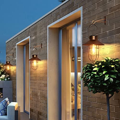pearlstar Solar Lanterns Outdoor Metal Solar Powered Hanging Lights Waterproof for Barn Wall Yard Garden Patio Garage Balcony Porch Fence Decor, Warm White Edison Bulb (Copper-2pack) view 5