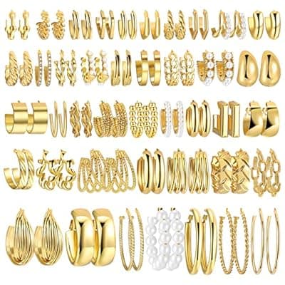 42 Pairs Gold Hoop Earrings Set for Women, Hypoallergenic Multipack Small to Chunky Hoops, Pearl & Twisted Trendy Earrings for Everyday Wear & Mothers Day Gifts