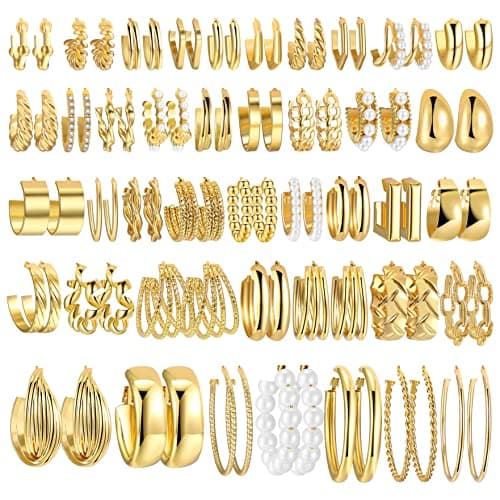 42 Pairs Gold Hoop Earrings Set for Women, Hypoallergenic Multipack Small to Chunky Hoops, Pearl & Twisted Trendy Earrings for Everyday Wear & Mothers Day Gifts — image 1