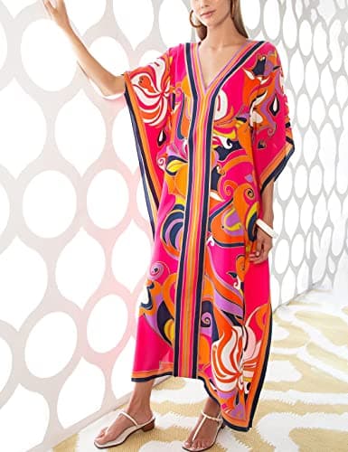 Eddoyee Kaftan Dresses for Women Batwing Sleeve Caftans Plus Size V Neck Beach Cover Up view 4