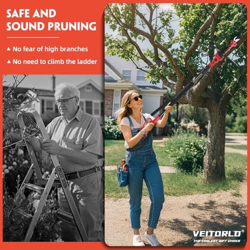 VEITORLD 2-IN-1 Cordless Electric Pole Pruning Shears, 15ft Reach, 1.2" Cutting Diameter, Battery Powered with 2x 2000mAh, Brushless Motor for Efficient Garden Tree Trimming, Branch Cutting（Red） view 4