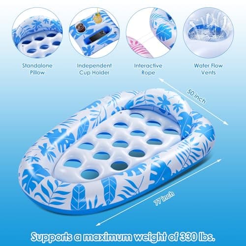 VIWUHUG 2 Pack Giant Inflatable Pool Float Pool Floats Adult Mat with Headrest & Cup Holder Lake Float Raft Water Lounger Multi-Use Swimming Pool Floats for Party Summertime Beach Outdoor view 2