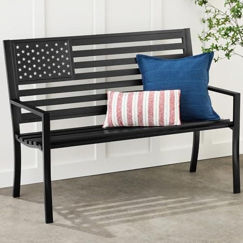 Best Choice Products Outdoor Bench 2-Person Steel Indoor/Outdoor Bench for Garden, Patio, Porch, Entryway w/American Flag, 790lb Capacity – Black view 1