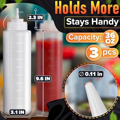 3-Pack Plastic Condiment Squeeze Bottles 36oz – Refillable Squirt Bottles with Narrow Tip, Leak-Resistant | Great for Oil, Sauces, Ketchup, Mayonnaise, Syrup, Dressing, BBQ Stations & Catering Use view 2