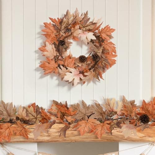 6 Ft Fall Garland with Lights & Timer, Thanksgiving Fireplace Mantel Decor | 30 Warm LED Lights, 6H Timer, Maple Leaves, Berries and Pine Cones, Flexible Vine, Lighted Porch Table Autumn Decor view 6