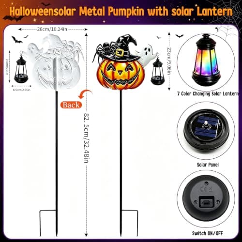 Halloween Decorations Outdoor Metal Solar Pumpkin Lights with Solar Lantern | 7-Color Changing & Flashing Mode, Waterproof 32.5 Inch Metal Cute Pumpkin Decorative Stake Fall Decor for Garden Yard Patio view 3