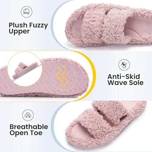 BOVTY Women's Fuzzy Open-toe Bowknot & Double-Strap Slippers, Memory Foam Non-Slip Indoor House Slides view 3