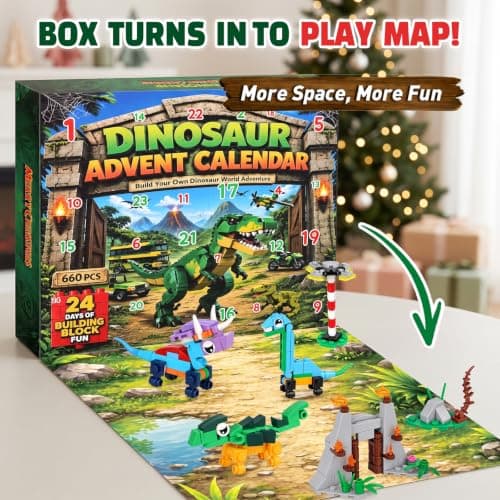 Dinosaur Advent Calendar 2026 for Kids, 24 Day Building Block Countdown Set | Create a Prehistoric Dinosaur World: 2 Ways to Play - 24 Builds or 1 Large Dinosaur, Play Map, Great Gift for Christmas Party view 6