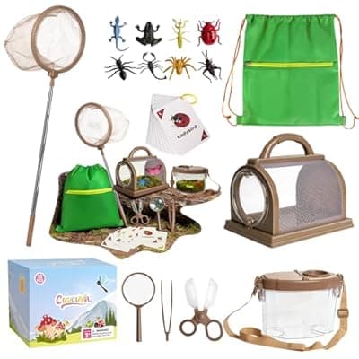 CUUCUVA Bug Catcher Kit for Kids Outdoor Explorer Kit with Insect Cage, Observation Box, Magnifying Glass, 8 Toy Bugs, Net & 10 Cards, STEM Educational Toys Gifting for Boys & Girls Ages 3+