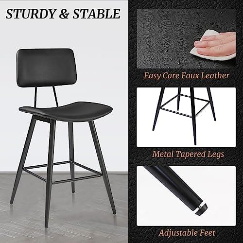 Cozyman 24.5" Counter Height Bar Stools Set of 4, Black Faux Leather Upholstered Barstools with Back Footrest and Metal Legs, Armless Bar Chairs for Kitchen Island/Dining Room/Bar/Basement view 4