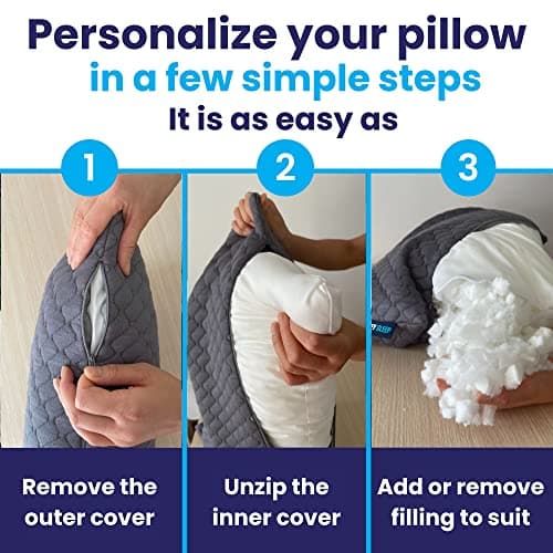 Sidney Sleep Bed Pillow for Side and Back Sleepers - Queen Size - Adjustable Filling - Memory Foam Pillow for Neck and Shoulder Support - Customizable Loft - Additional Foam Bag Included (Grey) view 2