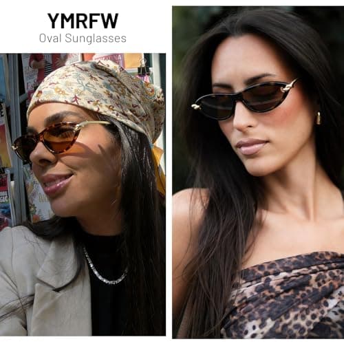 YMRFW Retro Oval Cat Eye Sunglasses for Women Y2k Designer Trendy Narrow Shades Metal Temples UV protection Sun Glasses view 2