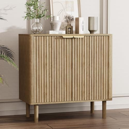 IKALIFE Sideboard Buffet Cabinet with Storage, Modern Fluted Accent Credenza with Doors & Adjustable Shelves, Wood Coffee Bar Console Table for Living Room, Dining Room, Kitchen or Entryway 31.5" Oak