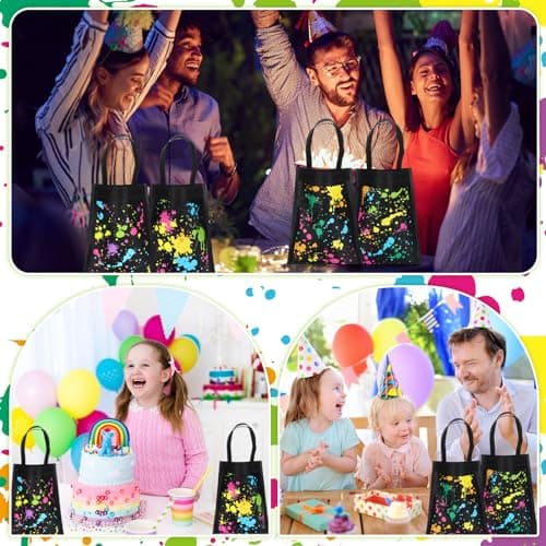 Hosuly 24 Pieces Neon Party Favor Bags Glow Gift Bags Glow in the Dark Candy Pouches Non Woven Graffiti Party Goodie Pouches with Handle for Boy Girl Neon Theme Birthday Supplies Decoration view 5