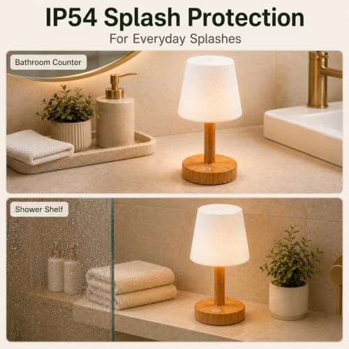 Rechargeable Table Lamp, Mini Cordless Shower Lamp for Bathroom, IP54 | 2000mAh Battery Operated, Soft glow for Shower Shelves, Vanity, Bedside and Patios, 3 Color Ttemperatures, Ttouch Dimming view 5