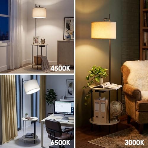 ONEWISH Floor Lamp with Table, End Table with Lamp, Charging Station (USB/Type-C/AC), Round Coffee Table for Living Room & Bedroom (White) view 5