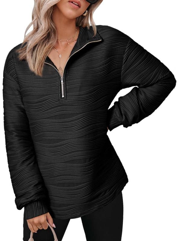 Dokotoo Women's Casual Half Zip Long Sleeve Pullover Shirts Solid Color Textured Sweatshirt Tunic Tops view 2
