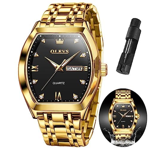 OLEVS Watch Men Gold and Black Watches for Men Square Stainless Steel Waterproof Men's Watches Luxury Tonneau Dress Analog Quartz Wrist Watch Relojes para Hombres