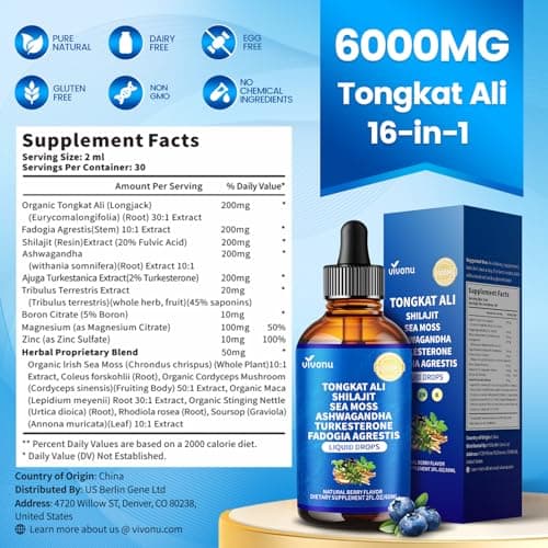 VivoNu Tongkat Ali Liquid Drops with Shilajit* for Men, Turkesterone, Fadogia Agrestics, Magnesium Zinc & Boron, Berry Flavor Herbal Supplements* for Energy*, Immune* Health view 7