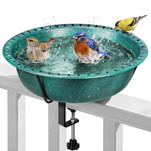 VIVOHOME Deck Mounted Bird Bath for Outside, Weather-Resistant ABS Bird Bath and Feeder with Adjustable Metal Clamp for Railing, Fence, Balcony, 1.45 Gallons, Green view 1
