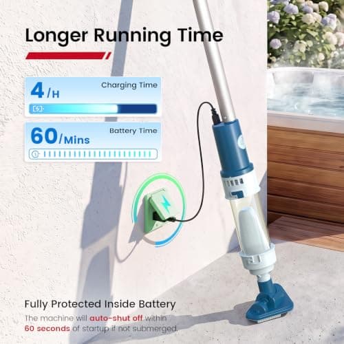 Enhulk PC61 Pool Vacuum, Cordless Handheld Pool Vacuum for Above Ground Pool & Hot Tub Vacuum, 16.6 GPM Powerful Suction & 93'' Extension Pole, 2 Filter Unit, 2 Brush Heads, 1H Runtime view 5