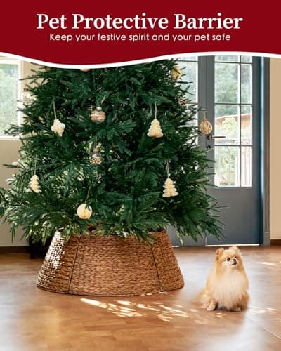 28in Christmas Tree Collar - Woven Hyacinth Tree Collars for Artificial Trees - Rattan Rustic Farmhouse Basket for Tree Base Cover with Cord Cut-Out for 6ft 7.5ft Tree (Brown) view 5