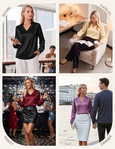 GRACE KARIN Womens Business Casual Tops, Long Sleeve Work Satin Blouses, Dressy V Neck Silk Shirts Fall Trendy Outfits Dark Green XL view 2