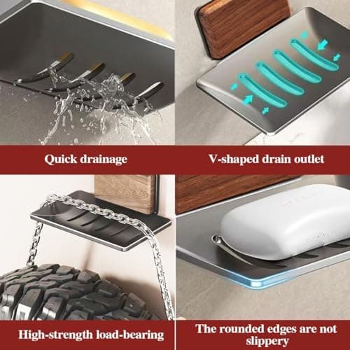 Wooden Soap Dish for Shower Wall Self Draining Square Soap Holder with Metal Drain Hanging Soap Dish for Shower view 4