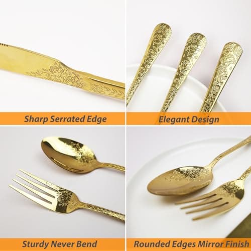 Runfly Vintage Carved Floral Gold Silverware Set for 4, Stainless Steel 20-Piece Flatware Set with Knife/Fork/Spoon, Cutlery Set for Home and Kitchen, Modern Utensil Set view 2