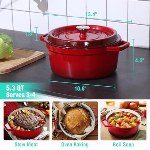 HAUSHOF 5.3QT Enameled Cast Iron Dutch Oven with Lid, Non-Stick Pot for Sourdough Bread Baking, Stewing, Rosting, Island Spice Red view 2
