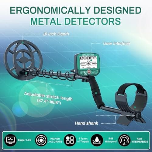 Metal Detector for Adults & Kids, High Accuracy Professional Metal Detectors 10" Detection Depth, 3Detection Modes Metal Detectors,with LCD Display, Adjustable 37.4" to 48.8" Gold Detector view 5