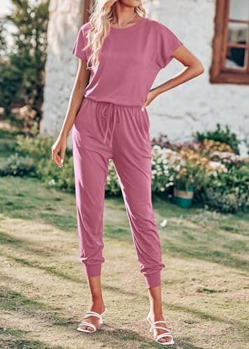 KIRUNDO Jumpsuits for Women Summer 2026 Casual Short Sleeve One Piece Outfits Drawstring Waist Long Pants Romper Jumpers view 3