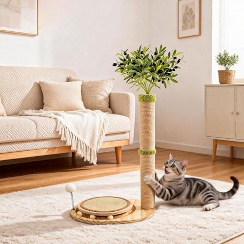 Catails 39" Tall Cat Scratching Post, Cute Olive Cat Scratcher, Interactive Cat Toys with Ball Track & Spring Ball, Sturdy Cat Scratch Post with Pad for Indoor Cats Adults and Kittens view 5