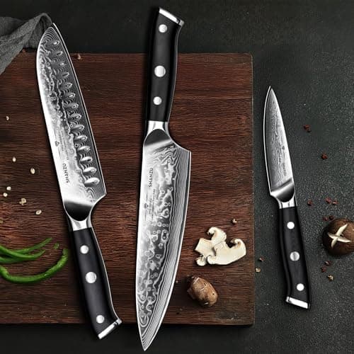 SHAN ZU Damascus Knife Set, Japanese Super Steel 3 PCS Damascus High Carbon Professional Ultra-Sharp Kitchen Chef Knife Set with G10 Handle Gift Box view 5