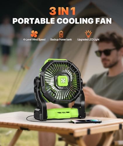Battery Powered Fan -Lash Fans with Led Lantern, Portable Rechargeable, Battery Operated for Mobile Phone, Hook 4 Speed Quiet Personal for Desk Fan, Travel, Fishing, Power Outage, Hurricane-Green view 4