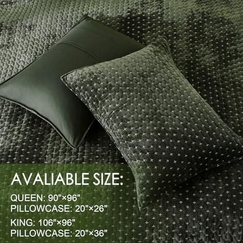 Powdion Velvet Quilt Queen Size, Oversized Bedspread Quilted Bedding Set, Luxurious Soft Coverlet Set Lightweight Velvet Comforter for All Season with Pillow Shams 90x96 Army Green Striped Queen view 6