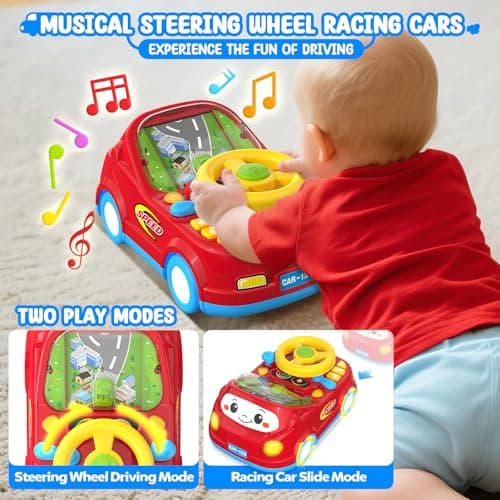 Toys for 1 Year Old Boy Gifts - 2-in-1 Toddler Push Car & Musical Racing Adventure Steering Wheel Driving Game, Interactive Simulated Driving Car for Baby 12-18 Months, Birthday Gift Ages 1-2, Red view 2