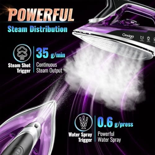 Omaiga 1750W Steam Iron for Clothes, Dual-Ceramic Soleplate, Plum | Fast heat-up, steam burst, 13.5 fl oz tank, anti-drip, 3-way auto shut-off, self-cleaning and anti-calc view 2
