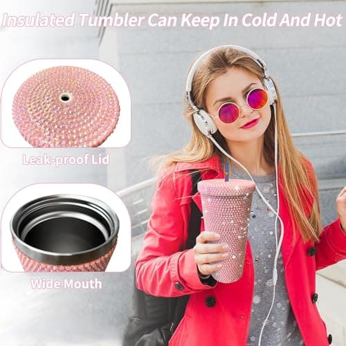 26oz Bling Rhinestone Studded Tumbler with Lid and Straws, Bling Cups Stainless Steel Water Bottle Diamond Glitter Tumbler for Women - Birthday Gifts for Women, Mom,Get Well Soon Gifts (Pink) view 4