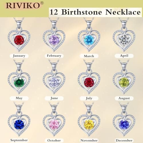 RIVIKO Heart Birthstone Pendant Necklace for Women 925 Sterling Silver Zirconia Necklaces Valentine's Day Anniversary Birthday Mothers Day Jewelry Gifts For Her Mother Wife view 5