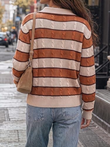 Fisoew Womens Cable Knit Sweaters Casual Polo V Neck Striped Pullover Tops view 5