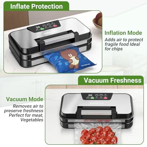 95kPa Vacuum Sealer Machine, Powerful Double Pump 10-in-1 Food Sealing System with Double Heat Seal, Built-in Cutter & Bag Storage, Easy-Lock Handle, Hose, 2 Bag Rolls, Durable Stainless Steel Design view 5
