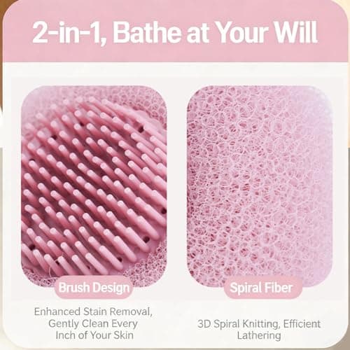 2-in-1 Sunflower Suction Cup Bath Ball, Exfoliating Mesh Shower Body Sponge with Cleaning Brush, Pink and Green, 2 Pack view 4