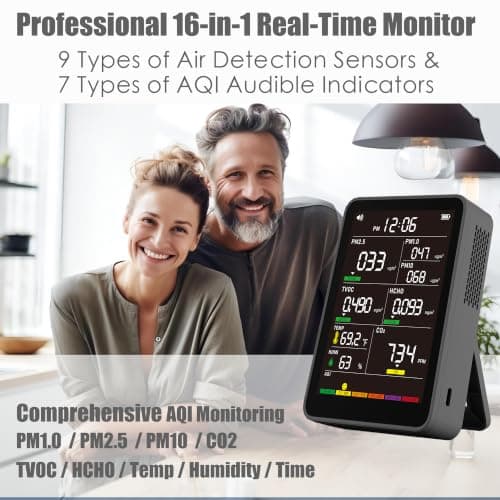 16-in-1 Indoor Air Quality Monitor, High-Precision Multi-Parameter Smart Air Quality Tester with HD Real-Time Color Screen, Portable Air Quality Monitor for Home, Office, Cars, School, Bedroom view 2